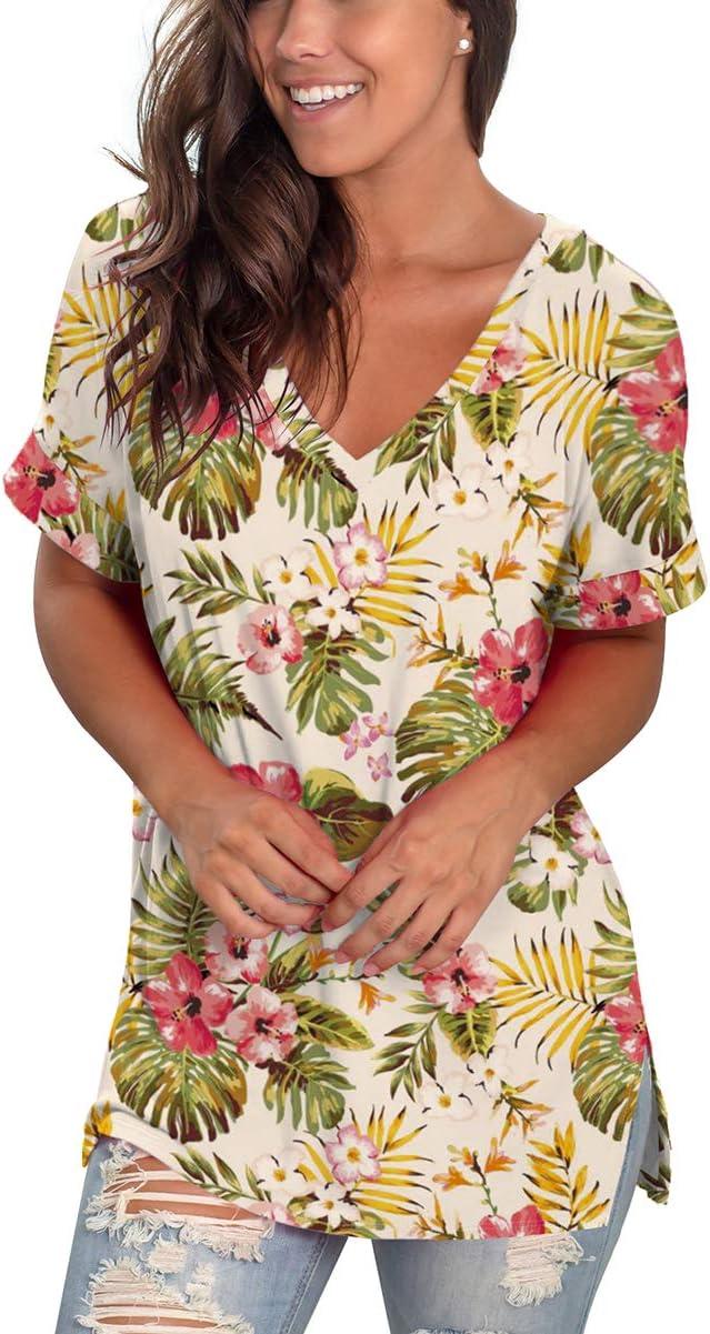 imageSAMPEEL Womens V Neck T Shirts Casual Rolled Short Sleeve Side Split Summer Tops Loose Fit29tropicalprint