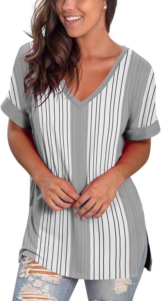 imageSAMPEEL Womens V Neck T Shirts Casual Rolled Short Sleeve Side Split Summer Tops Loose Fit300vertical Strp