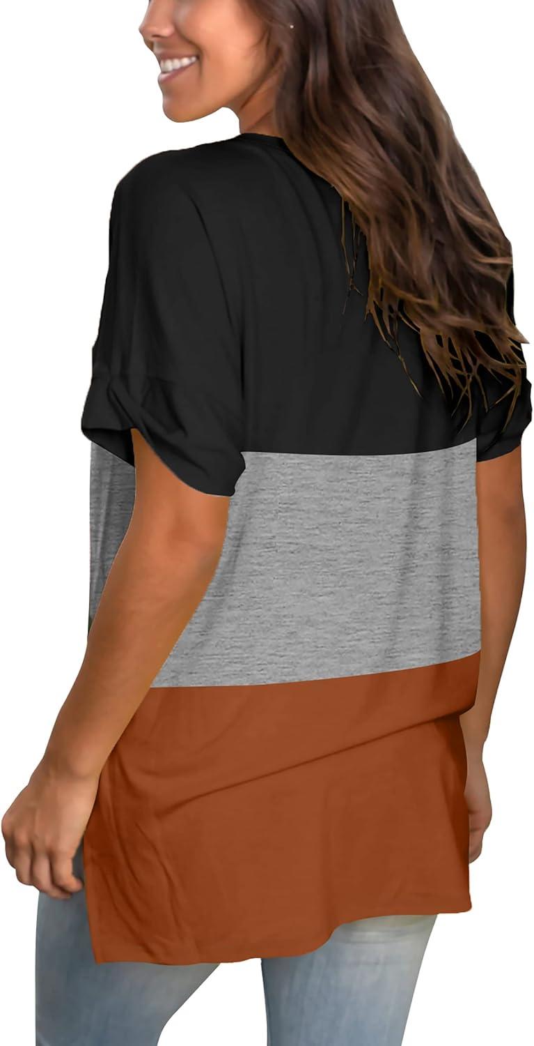 imageSAMPEEL Womens V Neck T Shirts Casual Rolled Short Sleeve Side Split Summer Tops Loose Fit302blackGreyOrange