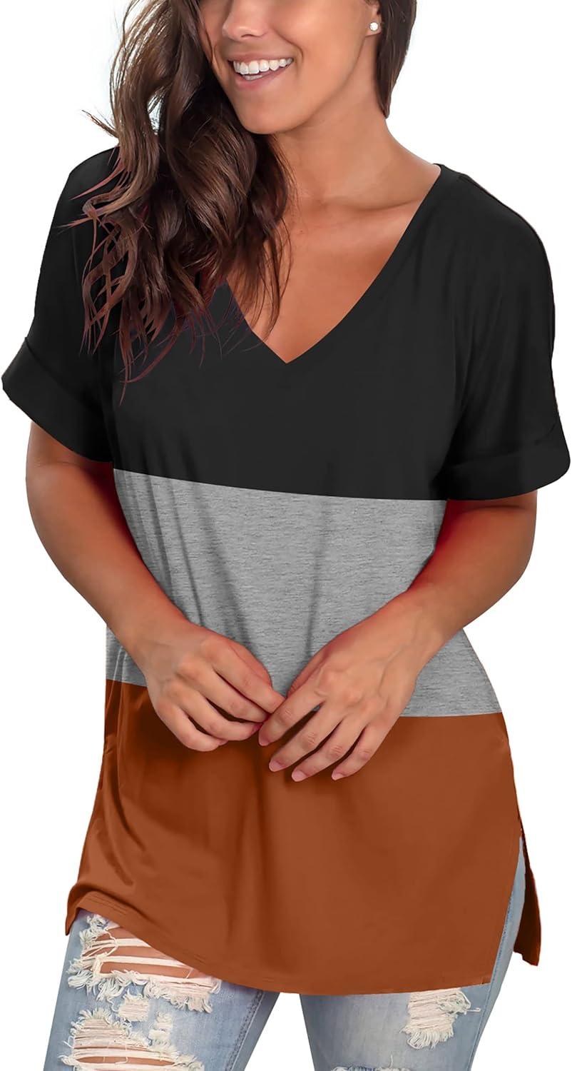 imageSAMPEEL Womens V Neck T Shirts Casual Rolled Short Sleeve Side Split Summer Tops Loose Fit302blackGreyOrange