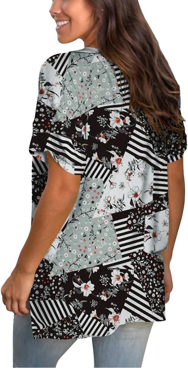 imageSAMPEEL Womens V Neck T Shirts Casual Rolled Short Sleeve Side Split Summer Tops Loose Fit30stripeprint