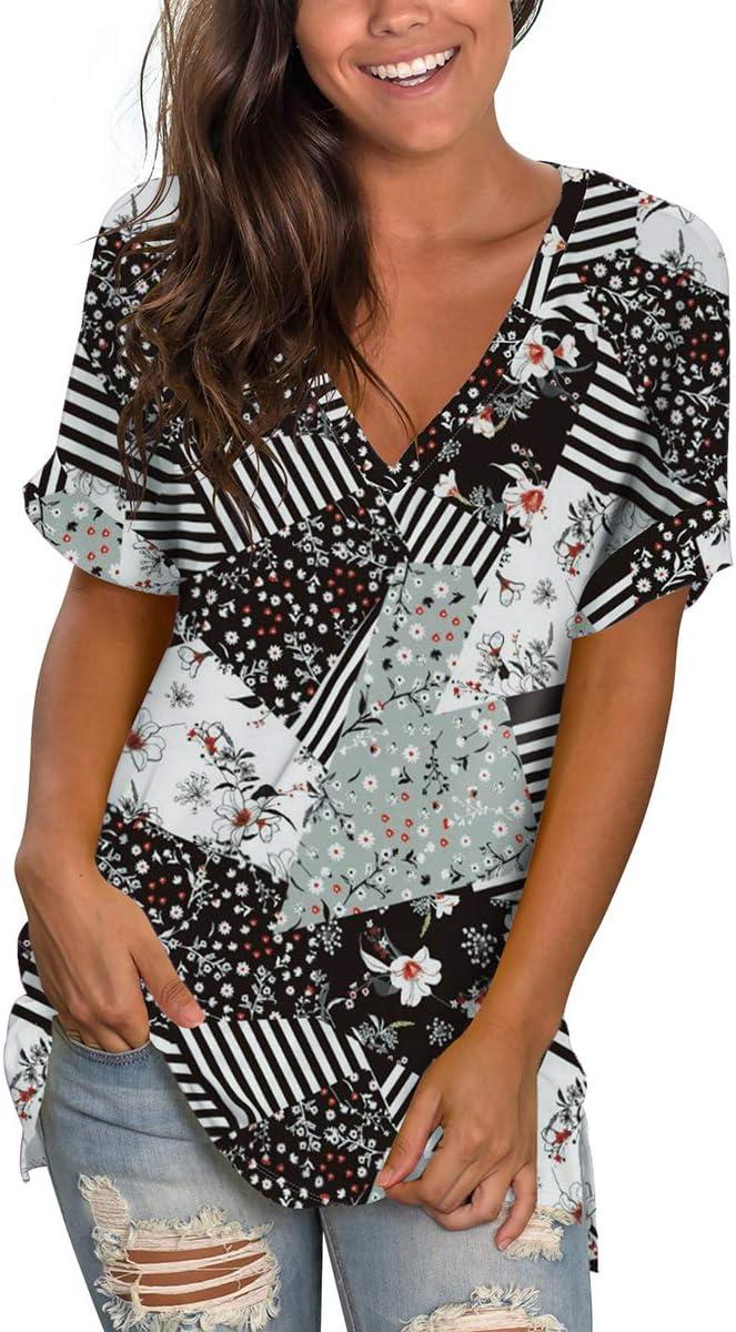 imageSAMPEEL Womens V Neck T Shirts Casual Rolled Short Sleeve Side Split Summer Tops Loose Fit30stripeprint
