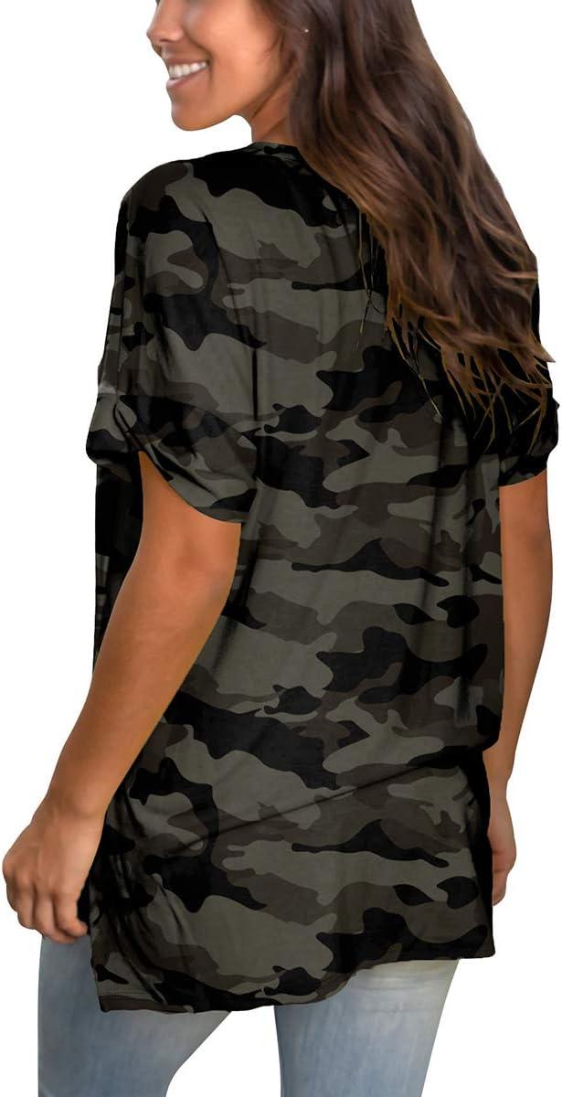 imageSAMPEEL Womens V Neck T Shirts Casual Rolled Short Sleeve Side Split Summer Tops Loose Fit43blackcamo