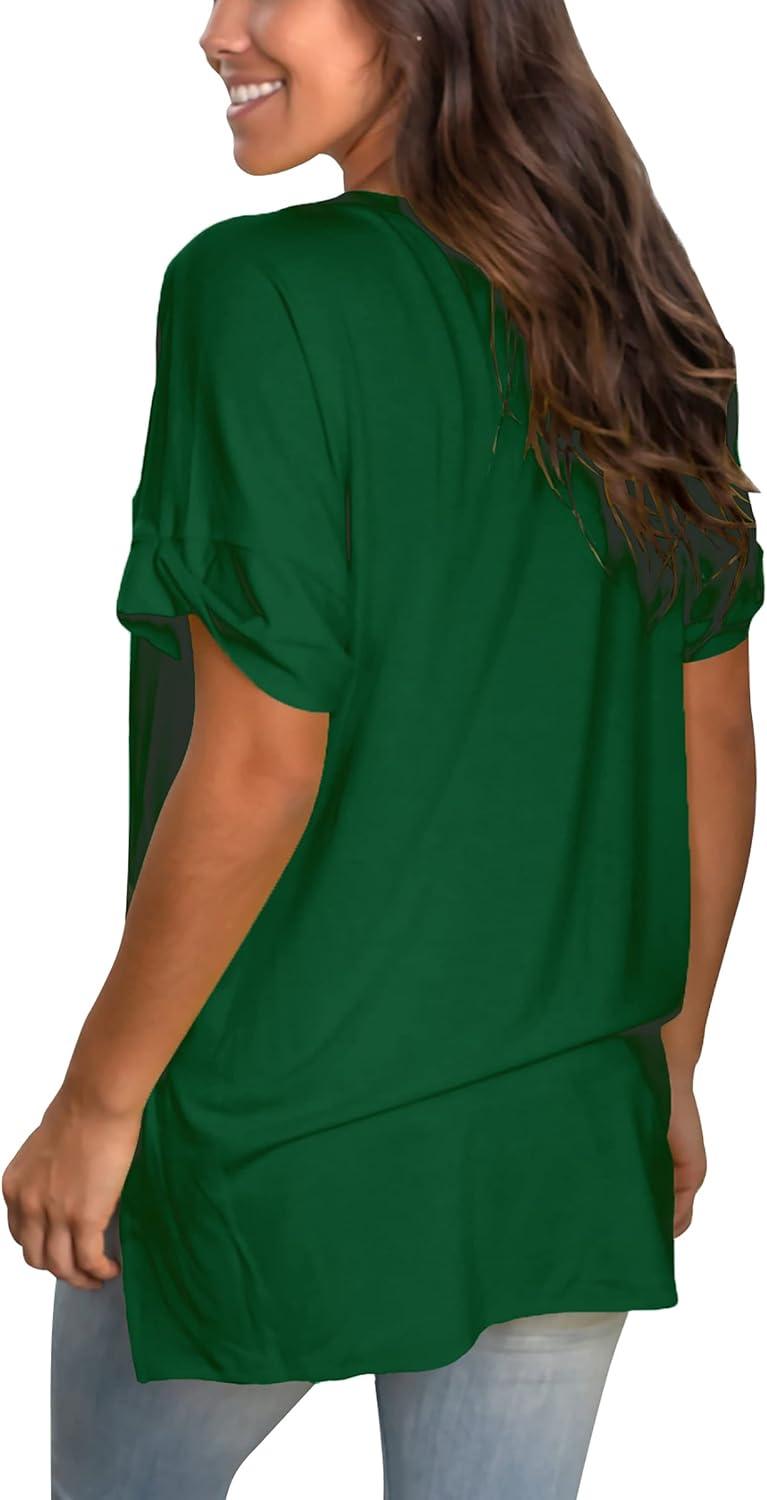imageSAMPEEL Womens V Neck T Shirts Casual Rolled Short Sleeve Side Split Summer Tops Loose Fit51oneclover