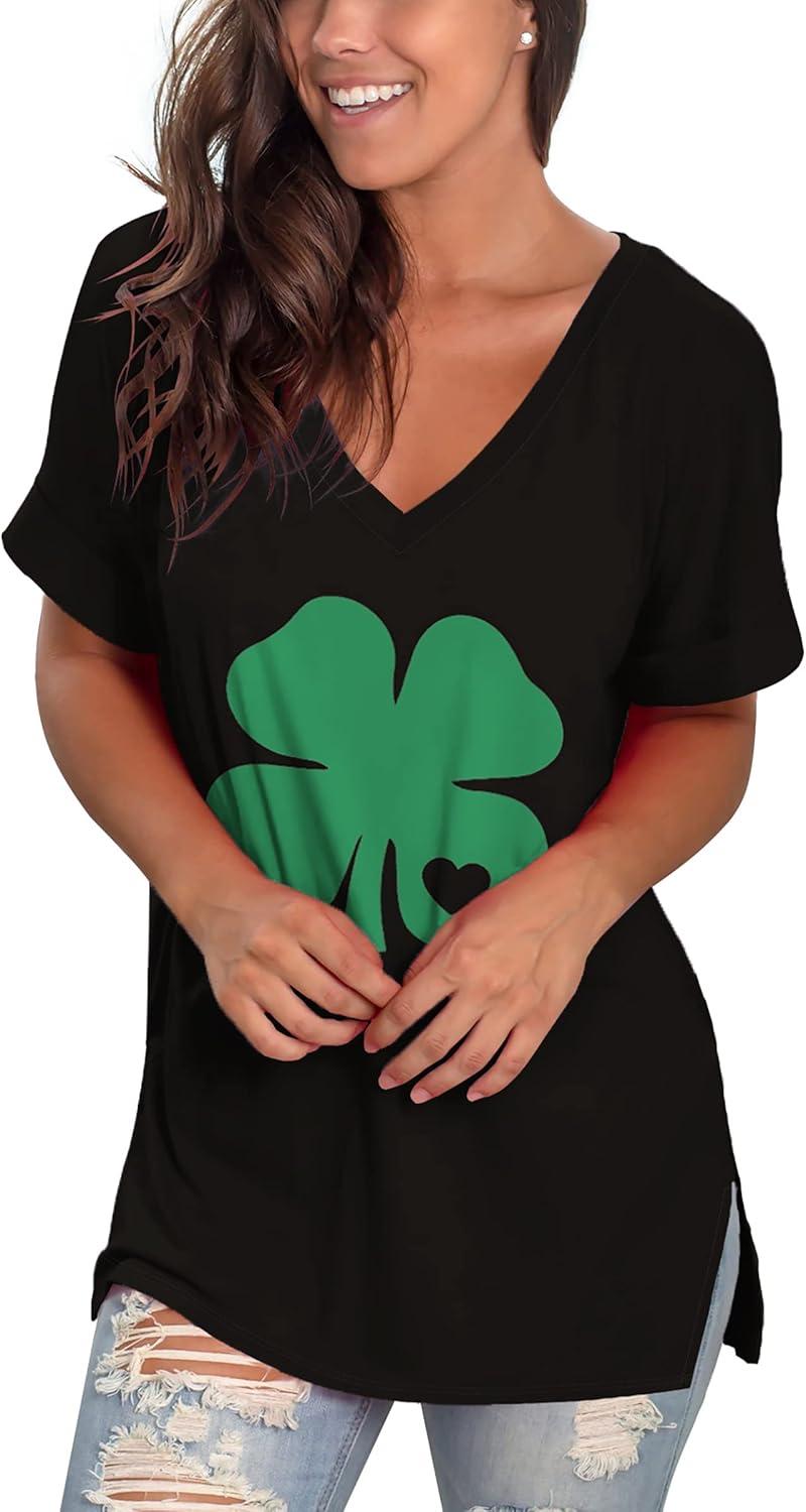 imageSAMPEEL Womens V Neck T Shirts Casual Rolled Short Sleeve Side Split Summer Tops Loose Fit52blackclover