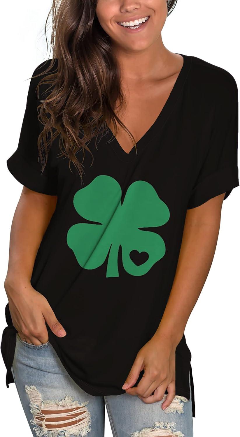 imageSAMPEEL Womens V Neck T Shirts Casual Rolled Short Sleeve Side Split Summer Tops Loose Fit52blackclover