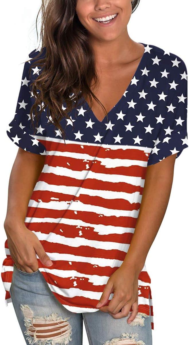 imageSAMPEEL Womens V Neck T Shirts Casual Rolled Short Sleeve Side Split Summer Tops Loose Fit52usa Flag B