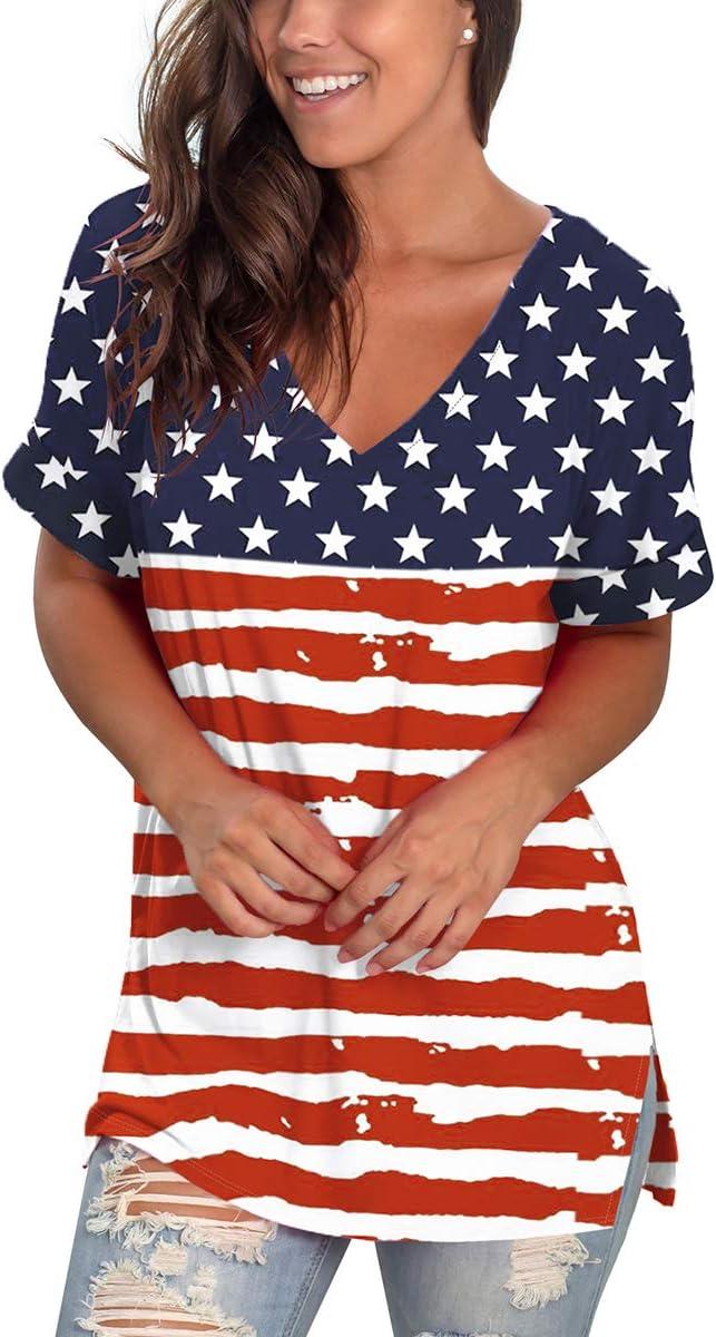 imageSAMPEEL Womens V Neck T Shirts Casual Rolled Short Sleeve Side Split Summer Tops Loose Fit52usa Flag B
