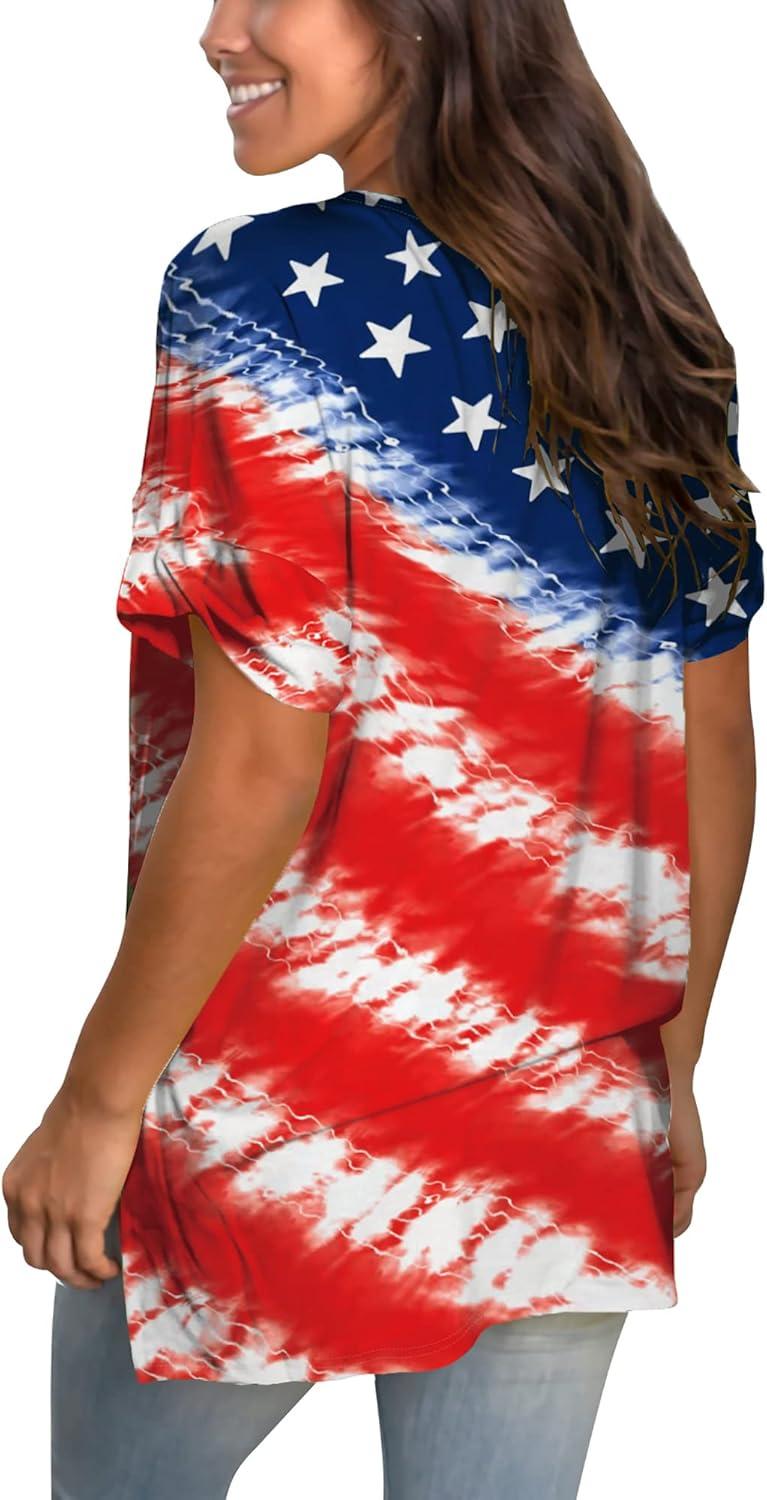 imageSAMPEEL Womens V Neck T Shirts Casual Rolled Short Sleeve Side Split Summer Tops Loose Fit52usa Flag E
