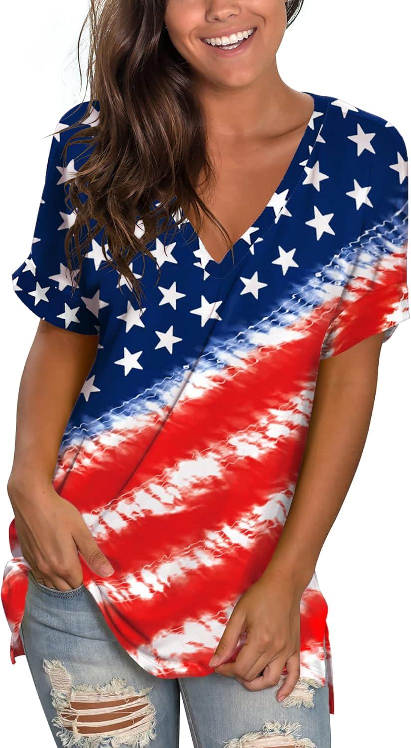imageSAMPEEL Womens V Neck T Shirts Casual Rolled Short Sleeve Side Split Summer Tops Loose Fit52usa Flag E