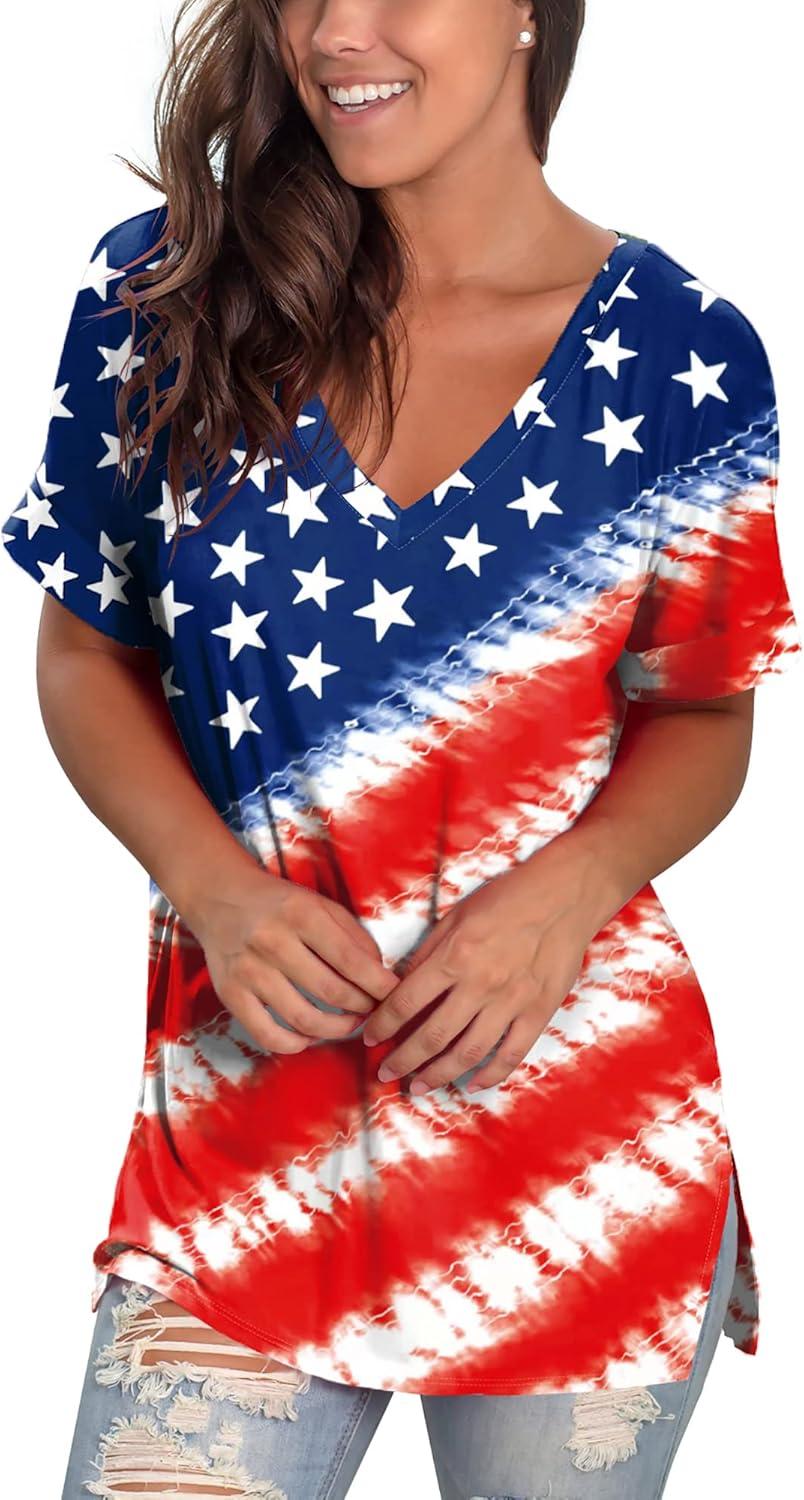 imageSAMPEEL Womens V Neck T Shirts Casual Rolled Short Sleeve Side Split Summer Tops Loose Fit52usa Flag E