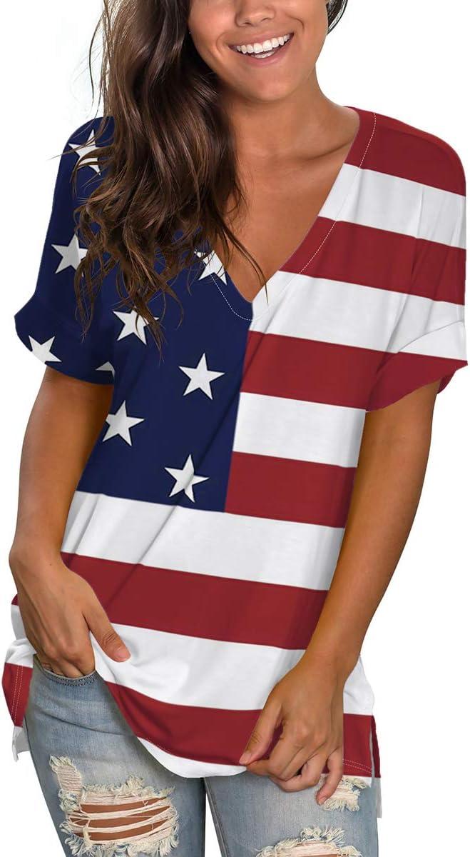 imageSAMPEEL Womens V Neck T Shirts Casual Rolled Short Sleeve Side Split Summer Tops Loose Fit52usa Flag a