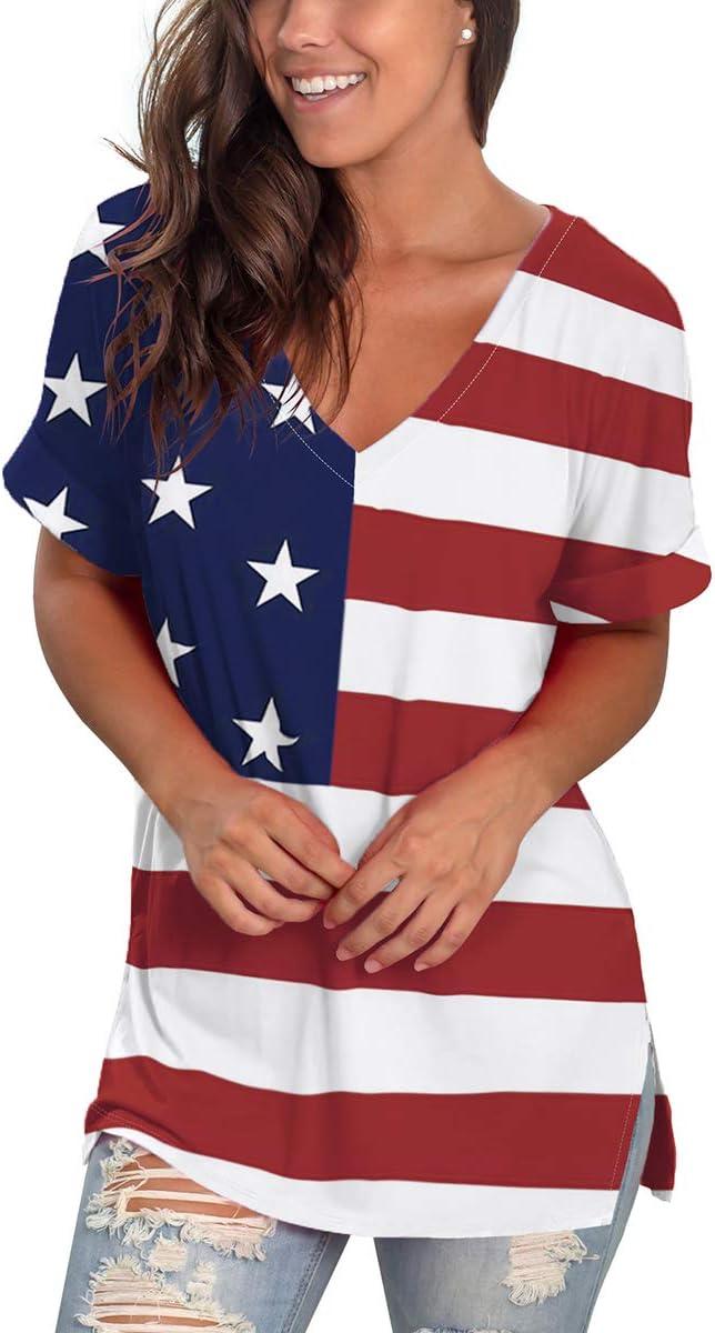 imageSAMPEEL Womens V Neck T Shirts Casual Rolled Short Sleeve Side Split Summer Tops Loose Fit52usa Flag a