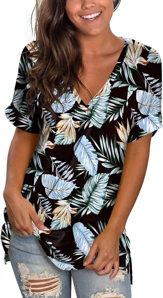 imageSAMPEEL Womens V Neck T Shirts Casual Rolled Short Sleeve Side Split Summer Tops Loose Fit56blackleaves