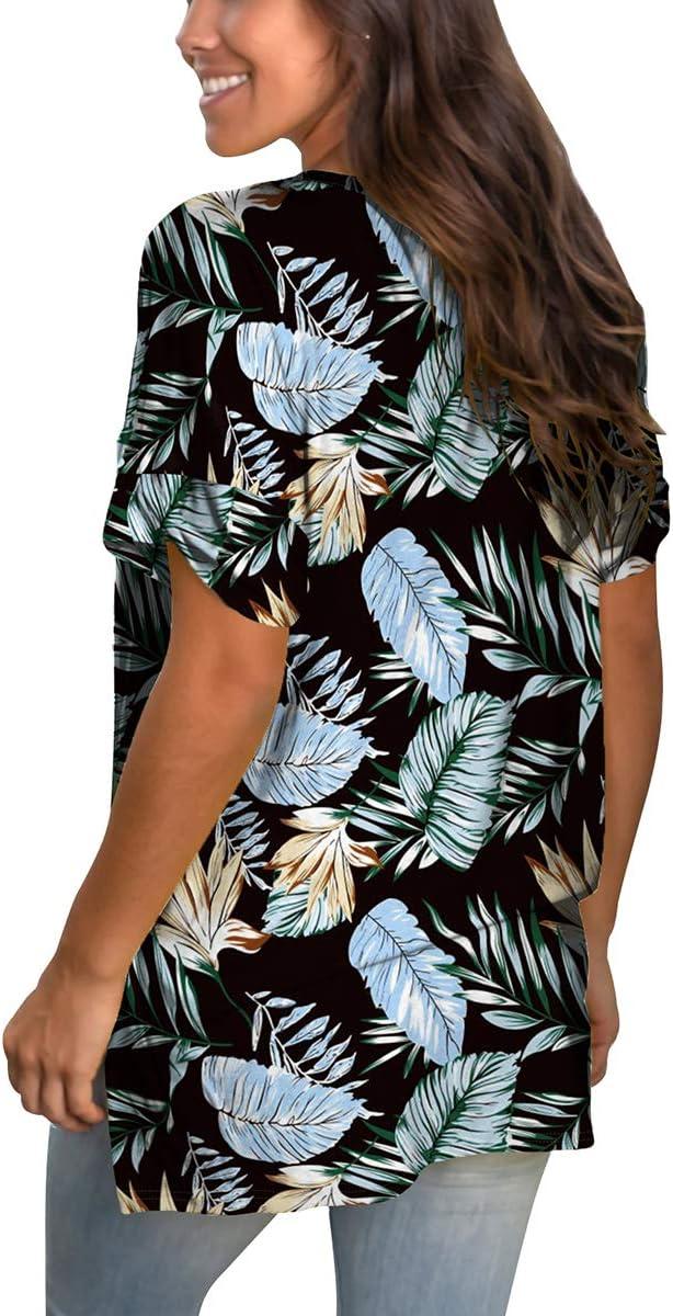imageSAMPEEL Womens V Neck T Shirts Casual Rolled Short Sleeve Side Split Summer Tops Loose Fit56blackleaves