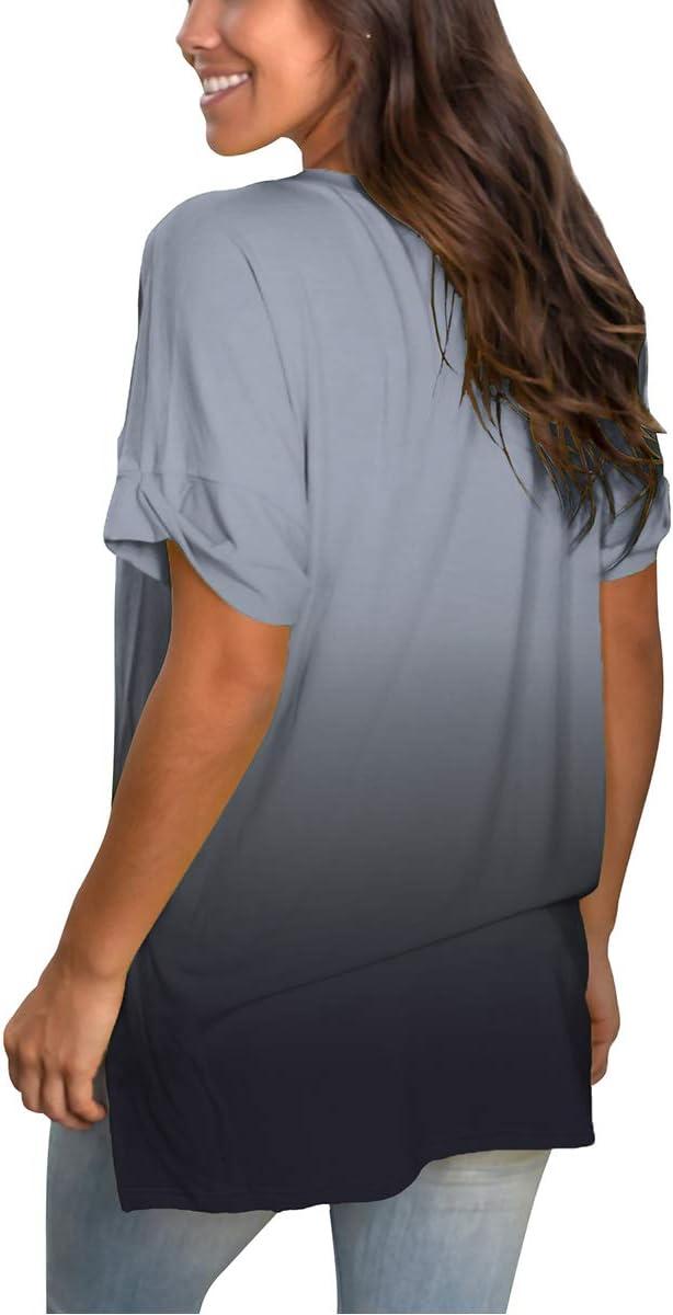 imageSAMPEEL Womens V Neck T Shirts Casual Rolled Short Sleeve Side Split Summer Tops Loose Fit61gradientgray