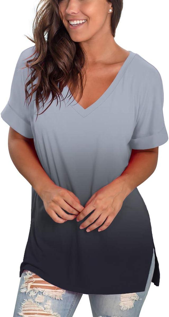 imageSAMPEEL Womens V Neck T Shirts Casual Rolled Short Sleeve Side Split Summer Tops Loose Fit61gradientgray