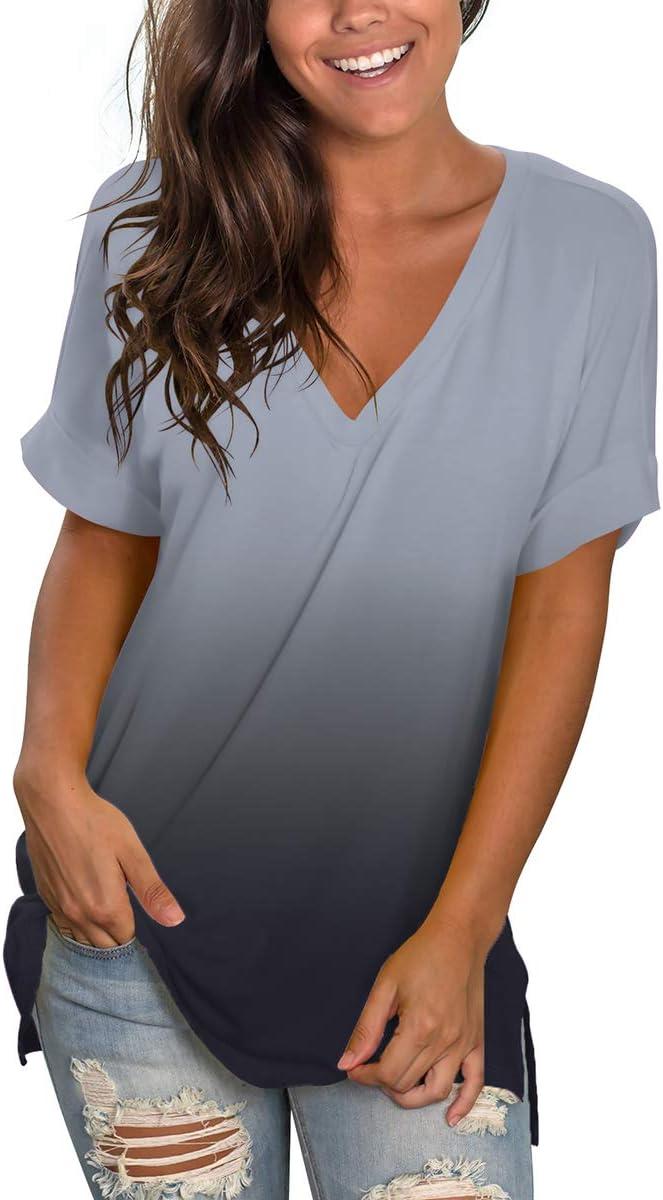 imageSAMPEEL Womens V Neck T Shirts Casual Rolled Short Sleeve Side Split Summer Tops Loose Fit61gradientgray