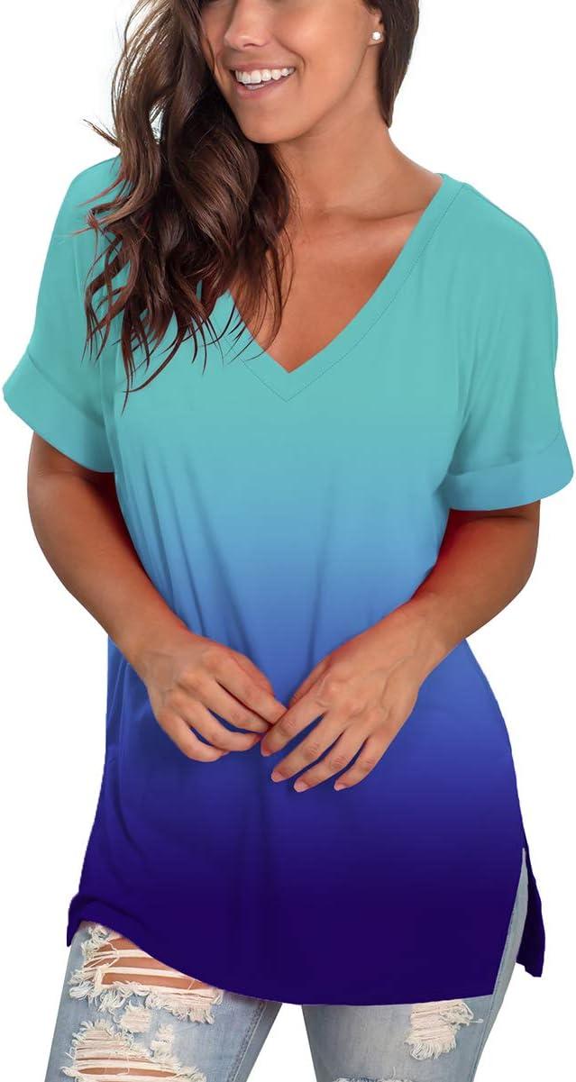 imageSAMPEEL Womens V Neck T Shirts Casual Rolled Short Sleeve Side Split Summer Tops Loose Fit62gradientskyblue
