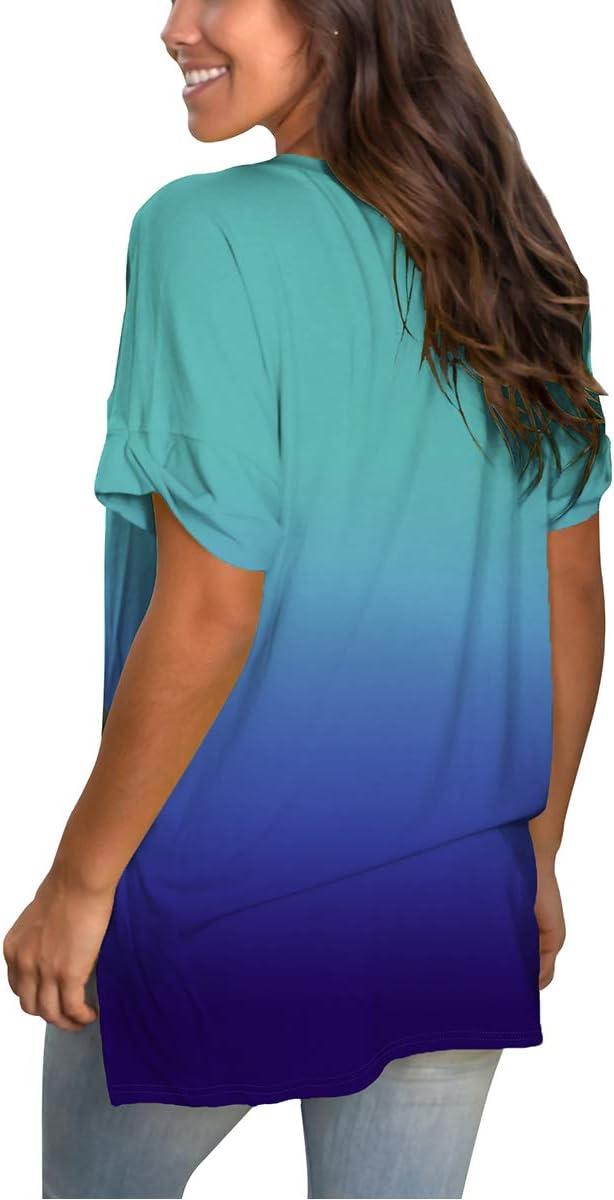 imageSAMPEEL Womens V Neck T Shirts Casual Rolled Short Sleeve Side Split Summer Tops Loose Fit62gradientskyblue