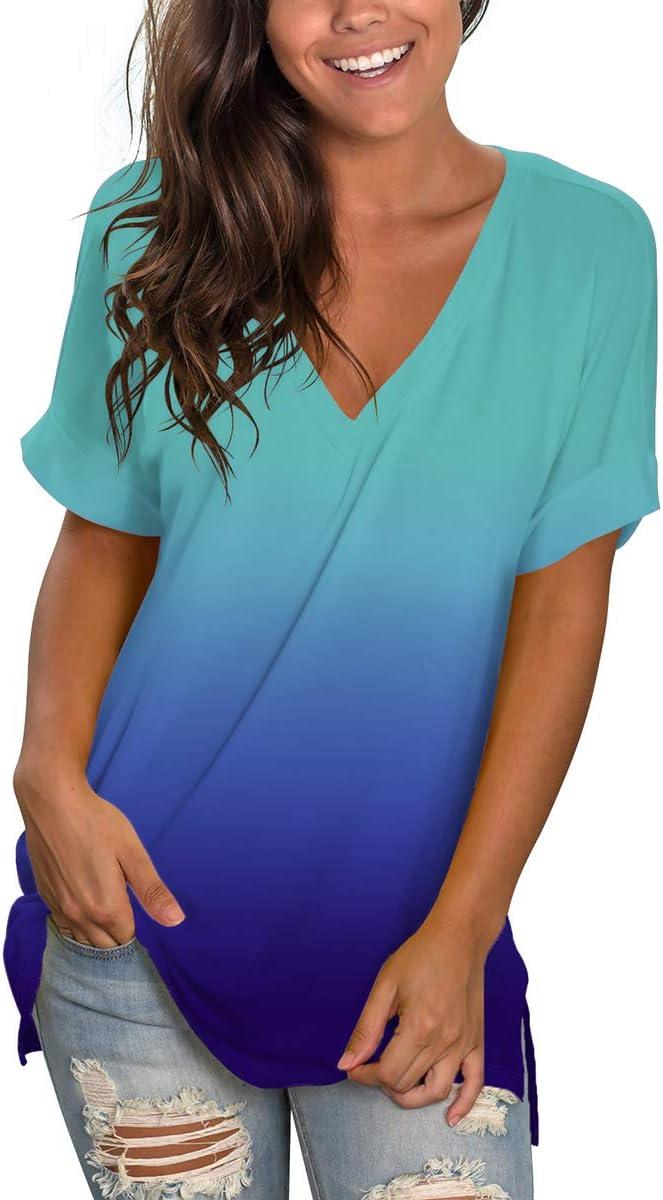 imageSAMPEEL Womens V Neck T Shirts Casual Rolled Short Sleeve Side Split Summer Tops Loose Fit62gradientskyblue