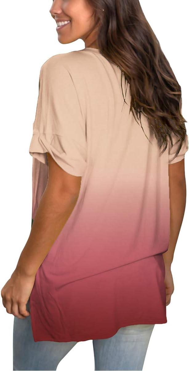 imageSAMPEEL Womens V Neck T Shirts Casual Rolled Short Sleeve Side Split Summer Tops Loose Fit63gradientcoral