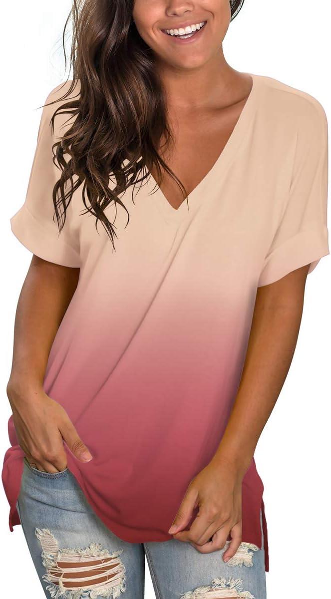 imageSAMPEEL Womens V Neck T Shirts Casual Rolled Short Sleeve Side Split Summer Tops Loose Fit63gradientcoral