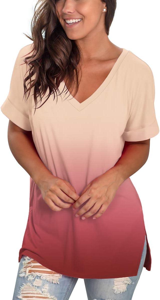 imageSAMPEEL Womens V Neck T Shirts Casual Rolled Short Sleeve Side Split Summer Tops Loose Fit63gradientcoral