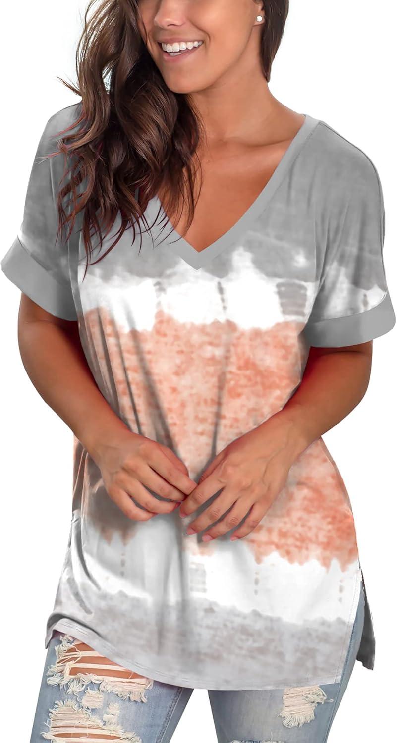 imageSAMPEEL Womens V Neck T Shirts Casual Rolled Short Sleeve Side Split Summer Tops Loose Fit91tiedyec