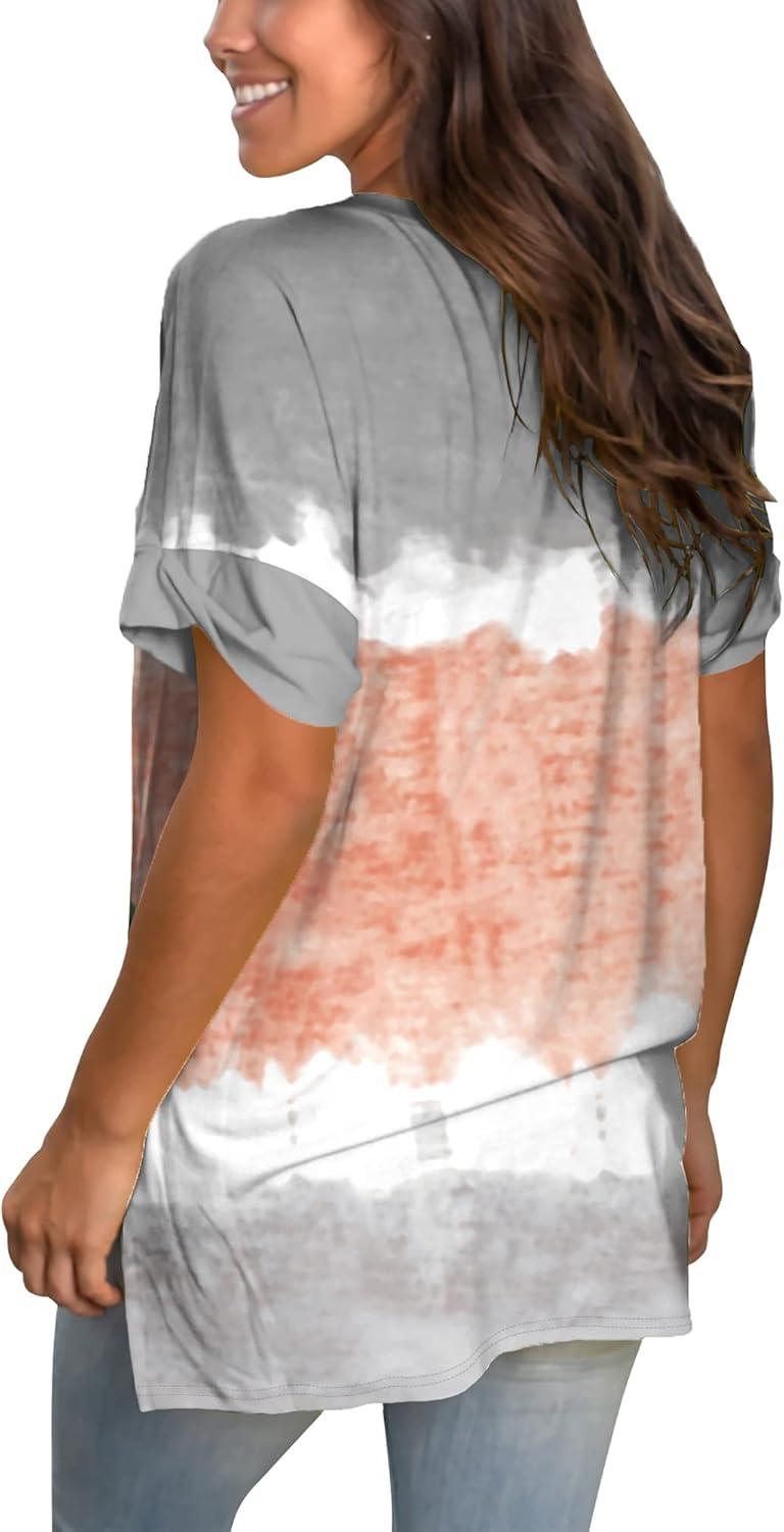 imageSAMPEEL Womens V Neck T Shirts Casual Rolled Short Sleeve Side Split Summer Tops Loose Fit91tiedyec