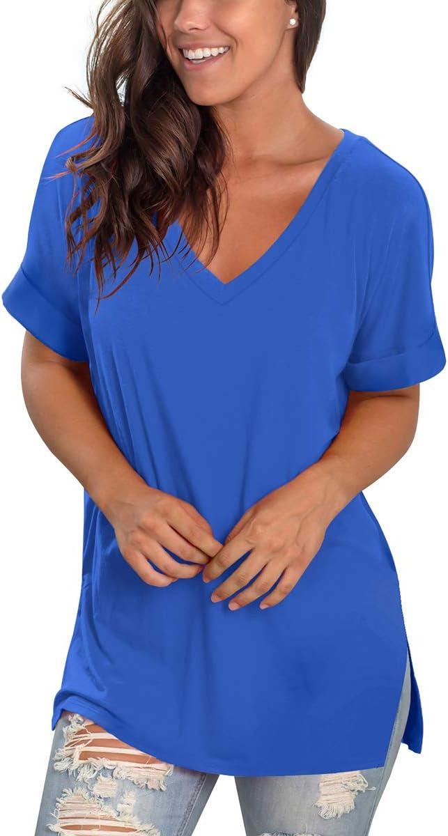 imageSAMPEEL Womens V Neck T Shirts Casual Rolled Short Sleeve Side Split Summer Tops Loose FitBlue