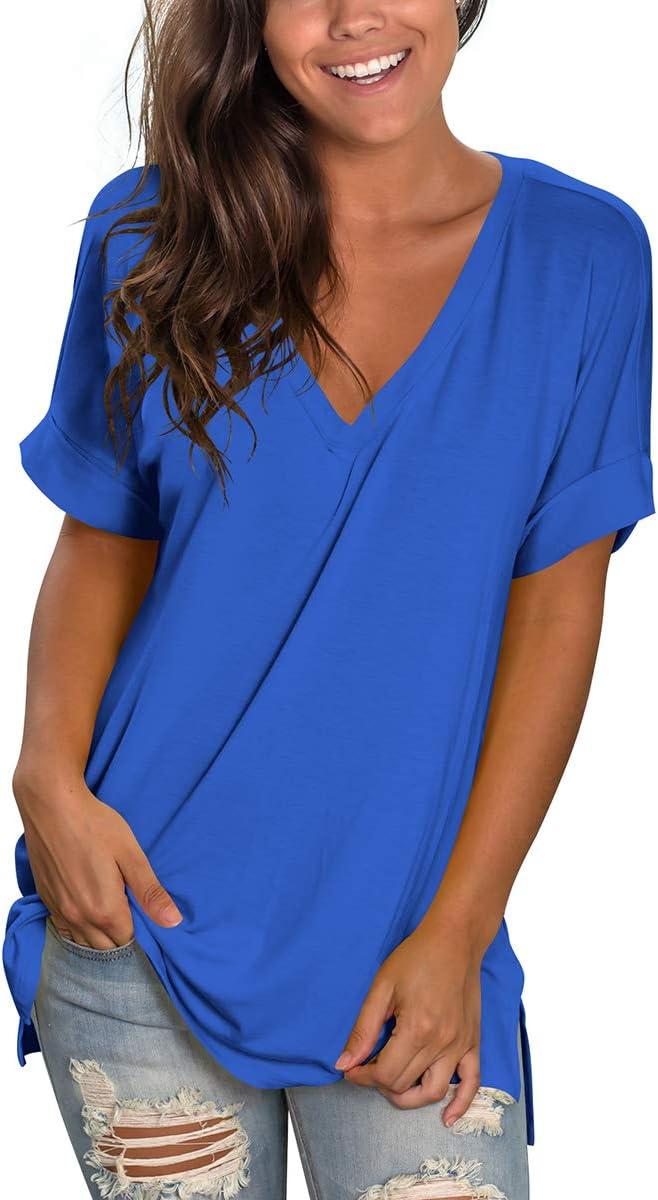 imageSAMPEEL Womens V Neck T Shirts Casual Rolled Short Sleeve Side Split Summer Tops Loose FitBlue