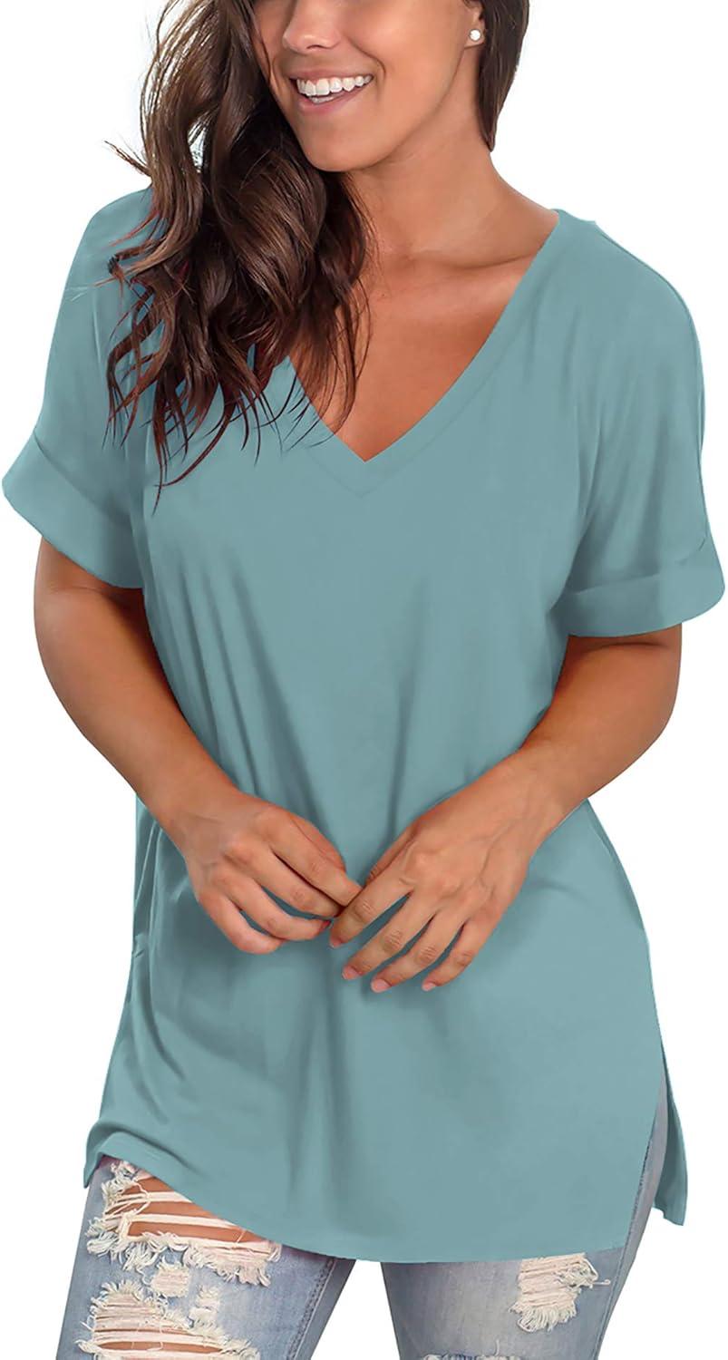 imageSAMPEEL Womens V Neck T Shirts Casual Rolled Short Sleeve Side Split Summer Tops Loose FitBlue Green