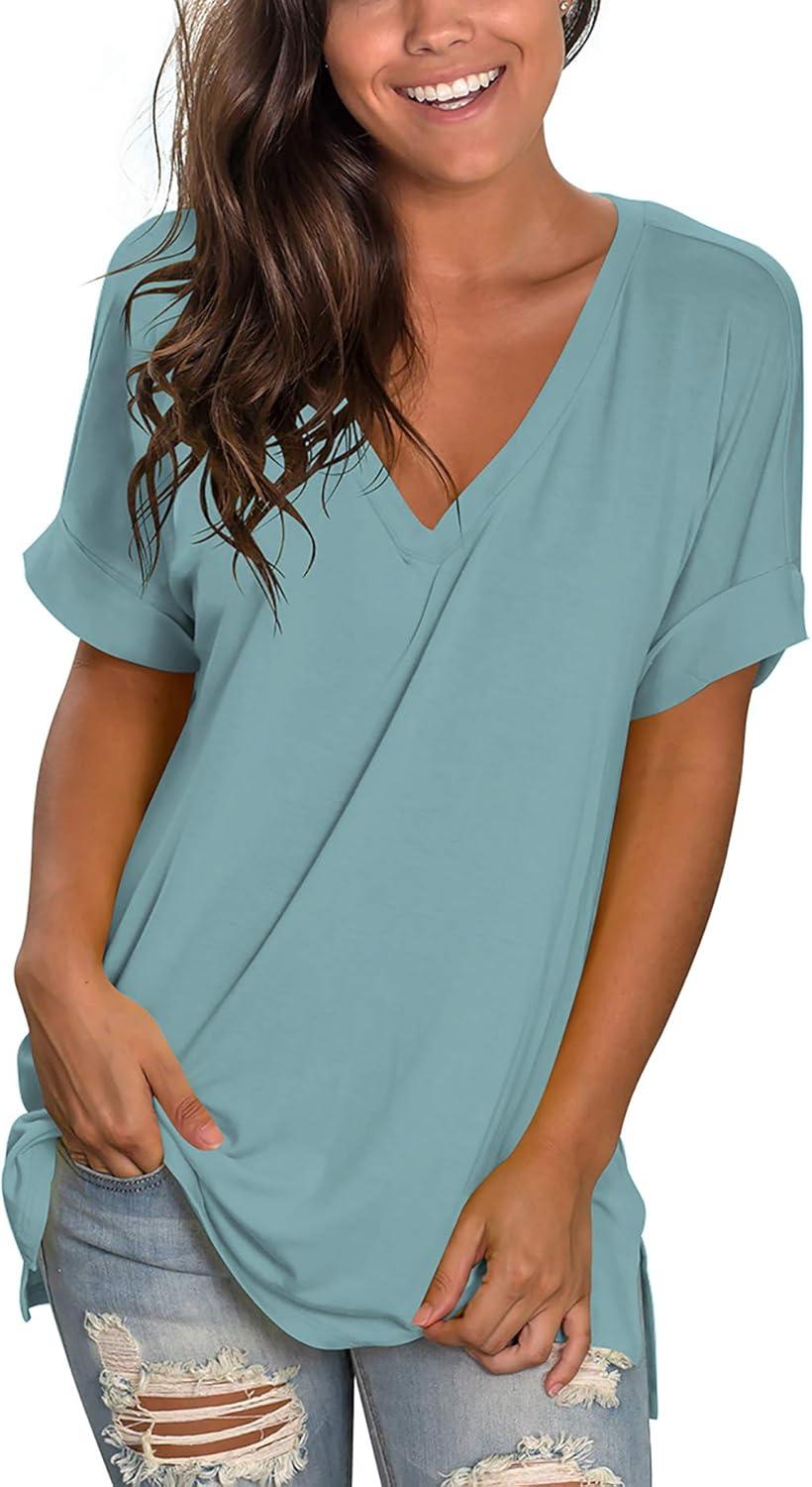 imageSAMPEEL Womens V Neck T Shirts Casual Rolled Short Sleeve Side Split Summer Tops Loose FitBlue Green