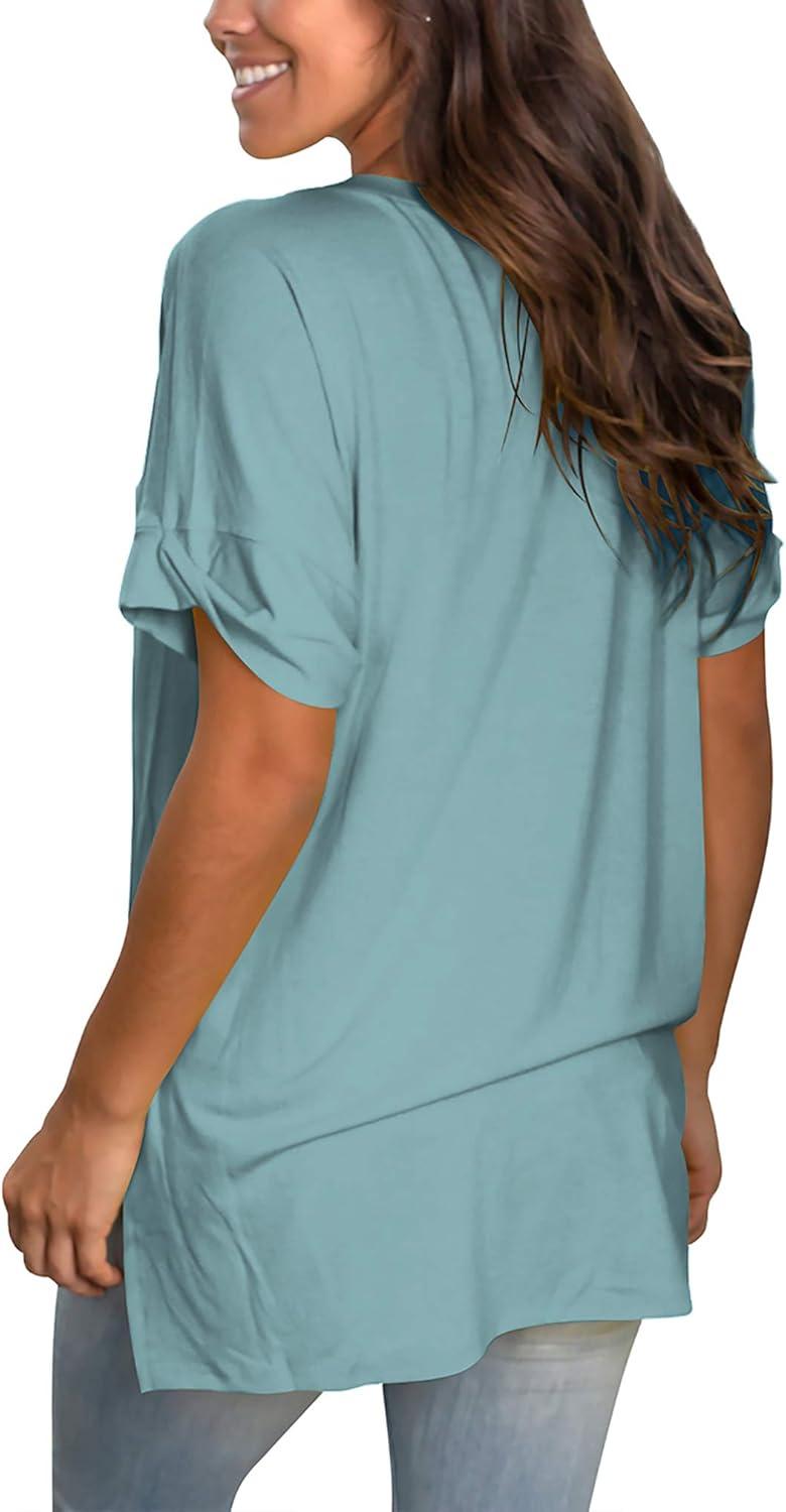imageSAMPEEL Womens V Neck T Shirts Casual Rolled Short Sleeve Side Split Summer Tops Loose FitBlue Green