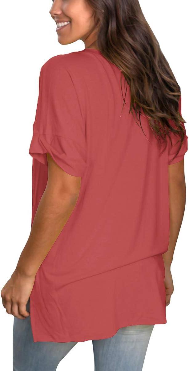 imageSAMPEEL Womens V Neck T Shirts Casual Rolled Short Sleeve Side Split Summer Tops Loose FitBrickred