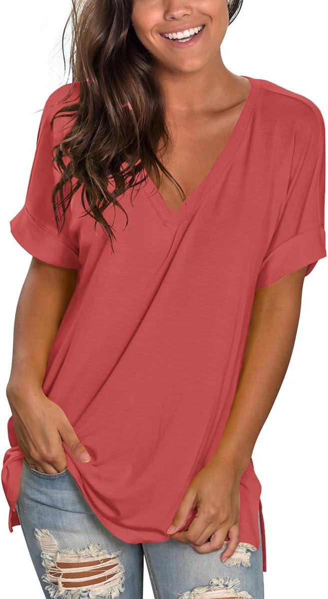 imageSAMPEEL Womens V Neck T Shirts Casual Rolled Short Sleeve Side Split Summer Tops Loose FitBrickred