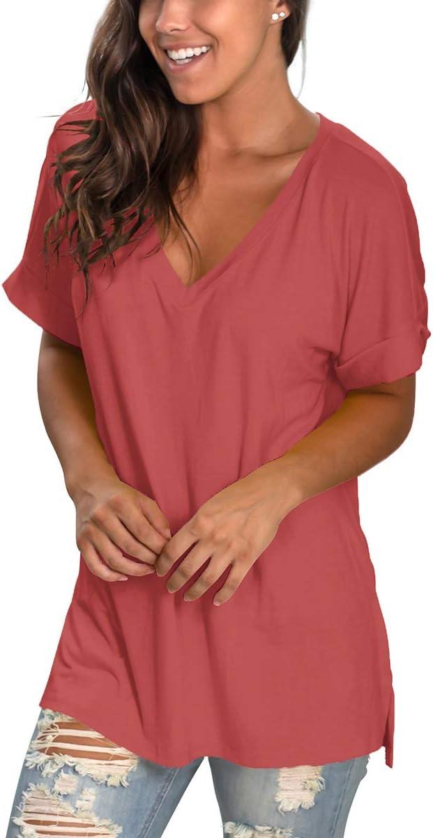 imageSAMPEEL Womens V Neck T Shirts Casual Rolled Short Sleeve Side Split Summer Tops Loose FitBrickred