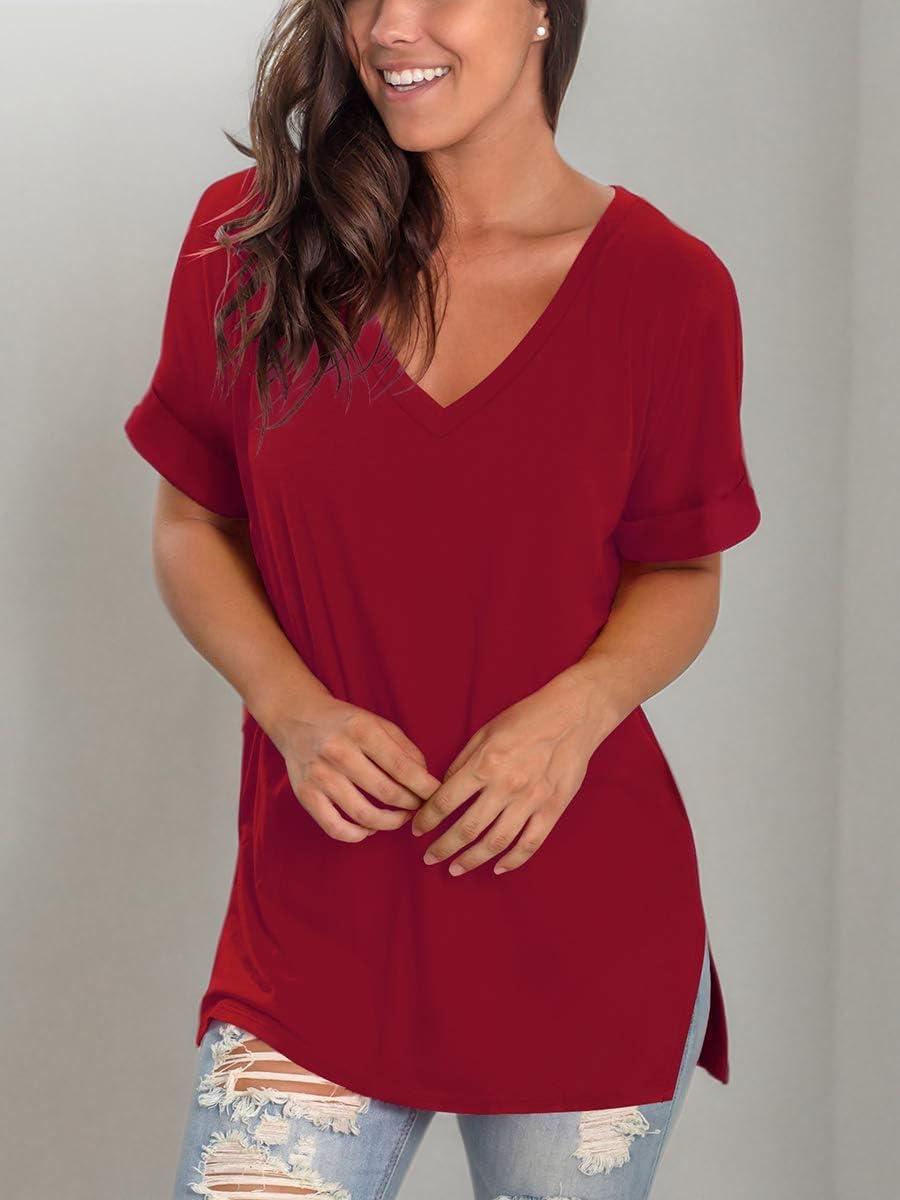 imageSAMPEEL Womens V Neck T Shirts Casual Rolled Short Sleeve Side Split Summer Tops Loose FitBurgundy