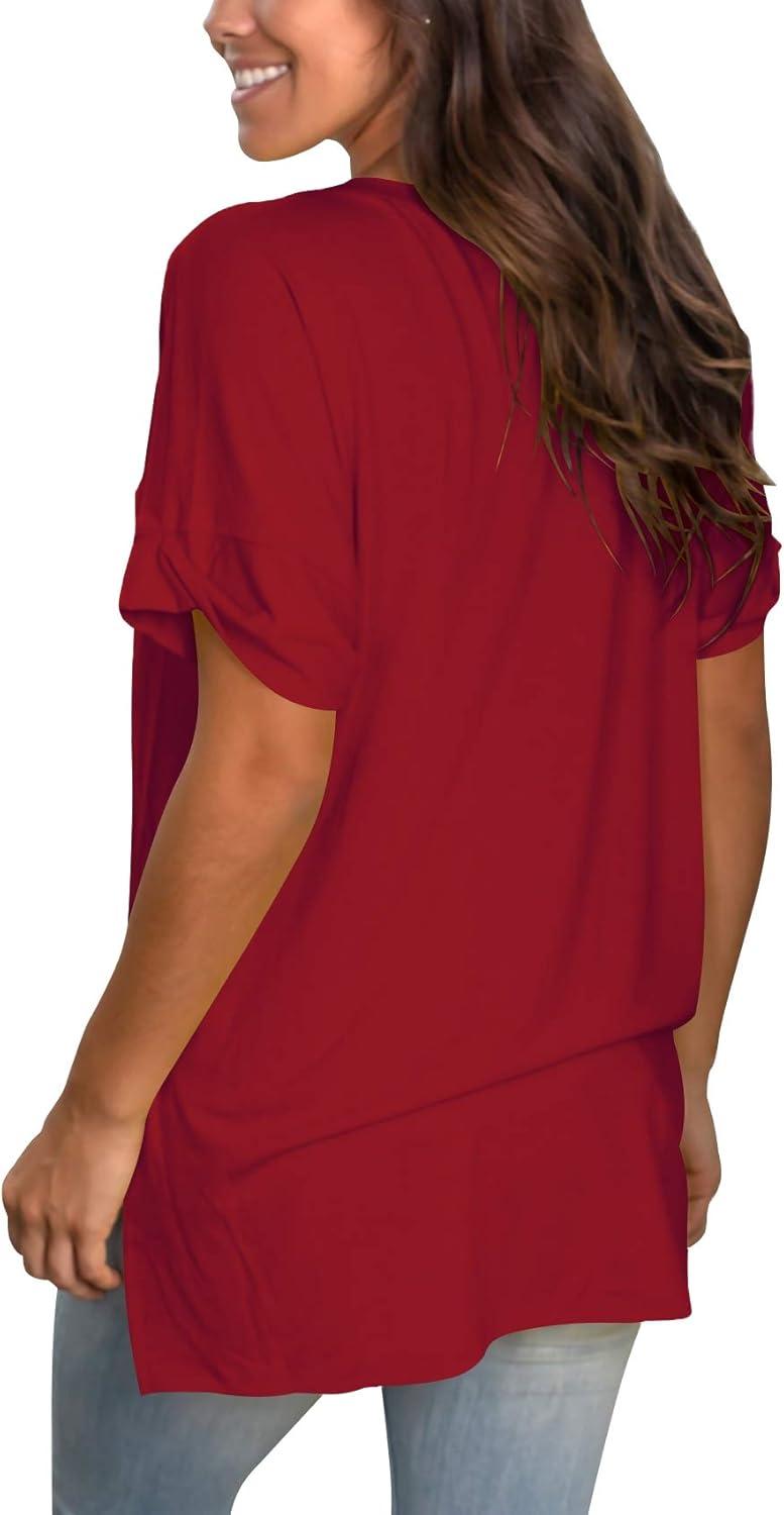 imageSAMPEEL Womens V Neck T Shirts Casual Rolled Short Sleeve Side Split Summer Tops Loose FitBurgundy