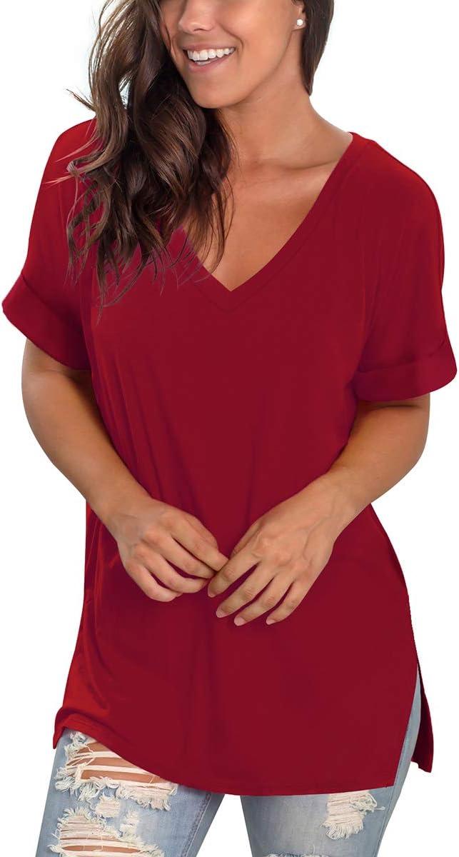 imageSAMPEEL Womens V Neck T Shirts Casual Rolled Short Sleeve Side Split Summer Tops Loose FitBurgundy