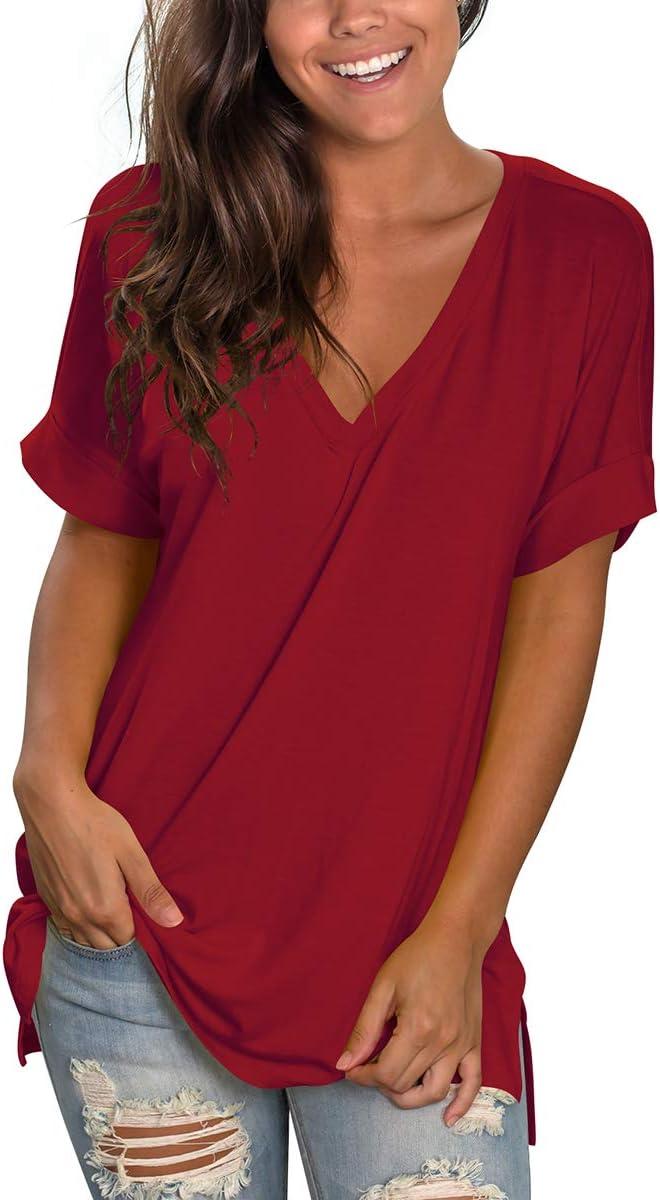 imageSAMPEEL Womens V Neck T Shirts Casual Rolled Short Sleeve Side Split Summer Tops Loose FitBurgundy