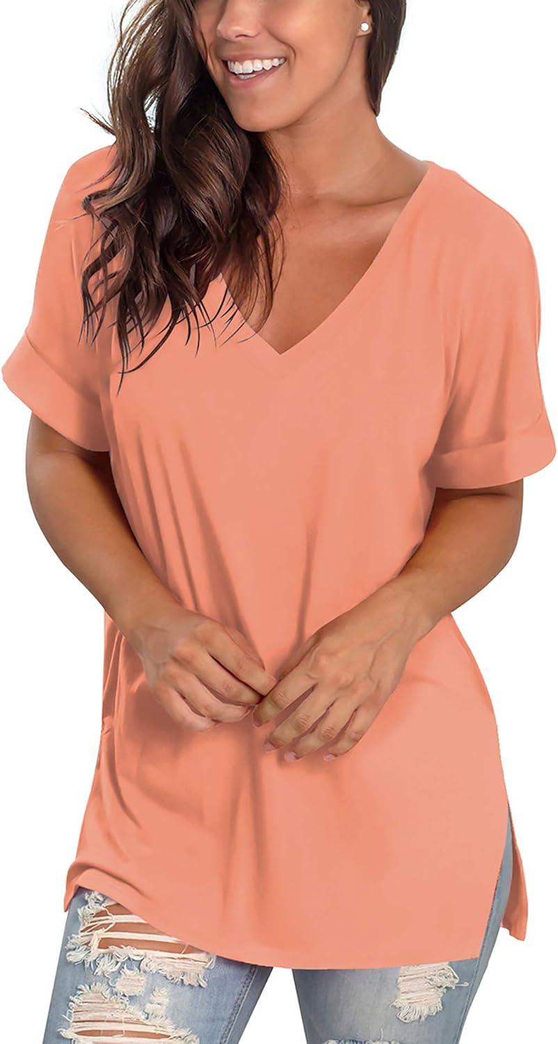 imageSAMPEEL Womens V Neck T Shirts Casual Rolled Short Sleeve Side Split Summer Tops Loose FitCoral