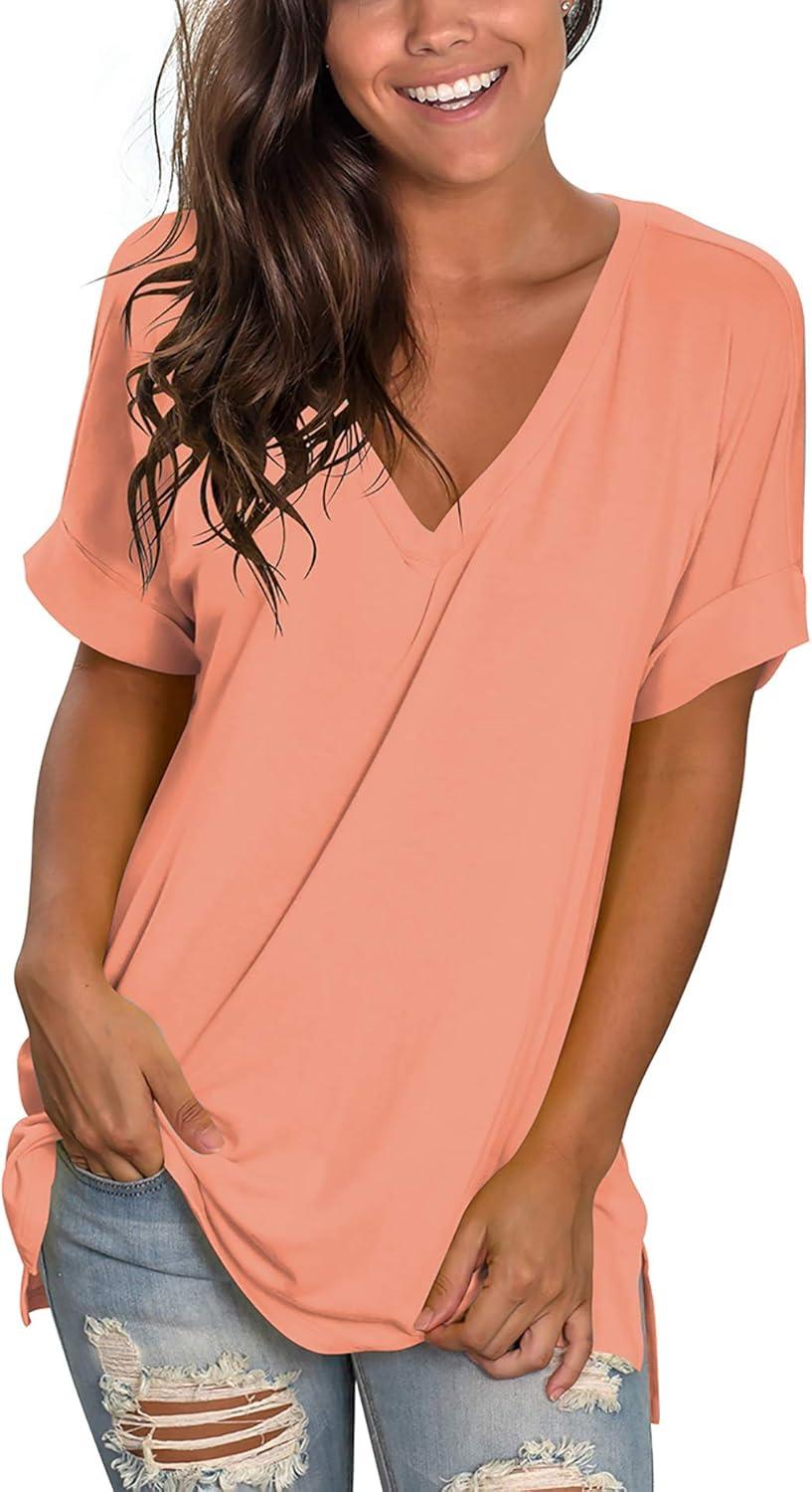imageSAMPEEL Womens V Neck T Shirts Casual Rolled Short Sleeve Side Split Summer Tops Loose FitCoral