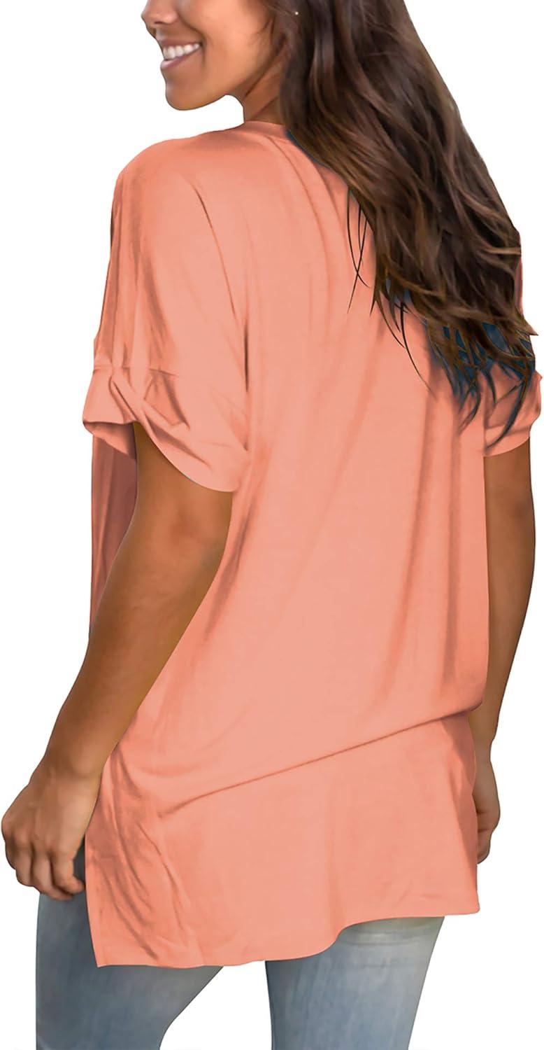 imageSAMPEEL Womens V Neck T Shirts Casual Rolled Short Sleeve Side Split Summer Tops Loose FitCoral