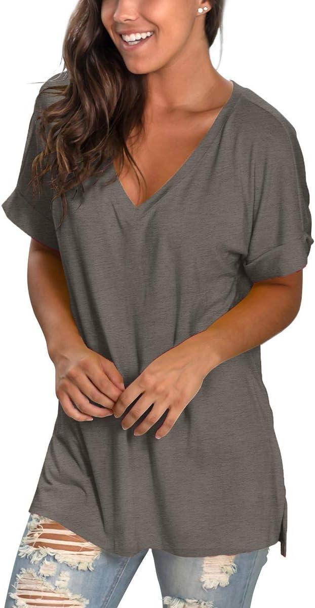 imageSAMPEEL Womens V Neck T Shirts Casual Rolled Short Sleeve Side Split Summer Tops Loose FitDarkgray