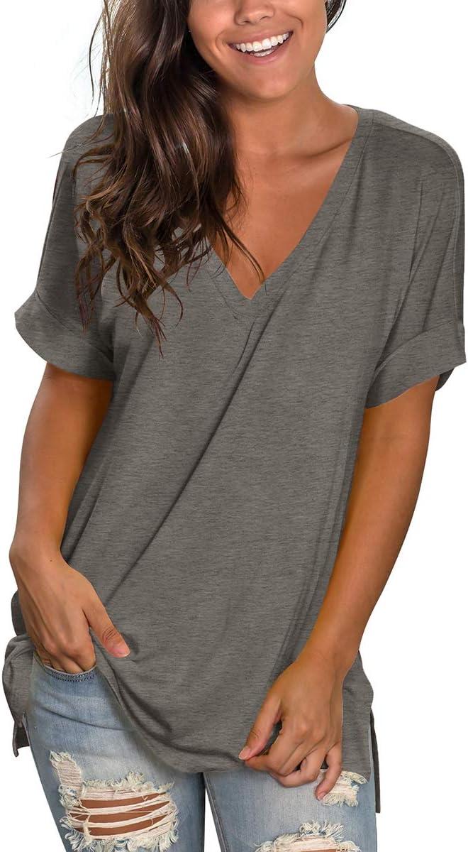 imageSAMPEEL Womens V Neck T Shirts Casual Rolled Short Sleeve Side Split Summer Tops Loose FitDarkgray