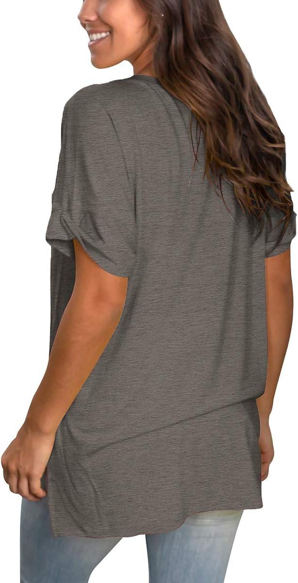 imageSAMPEEL Womens V Neck T Shirts Casual Rolled Short Sleeve Side Split Summer Tops Loose FitDarkgray