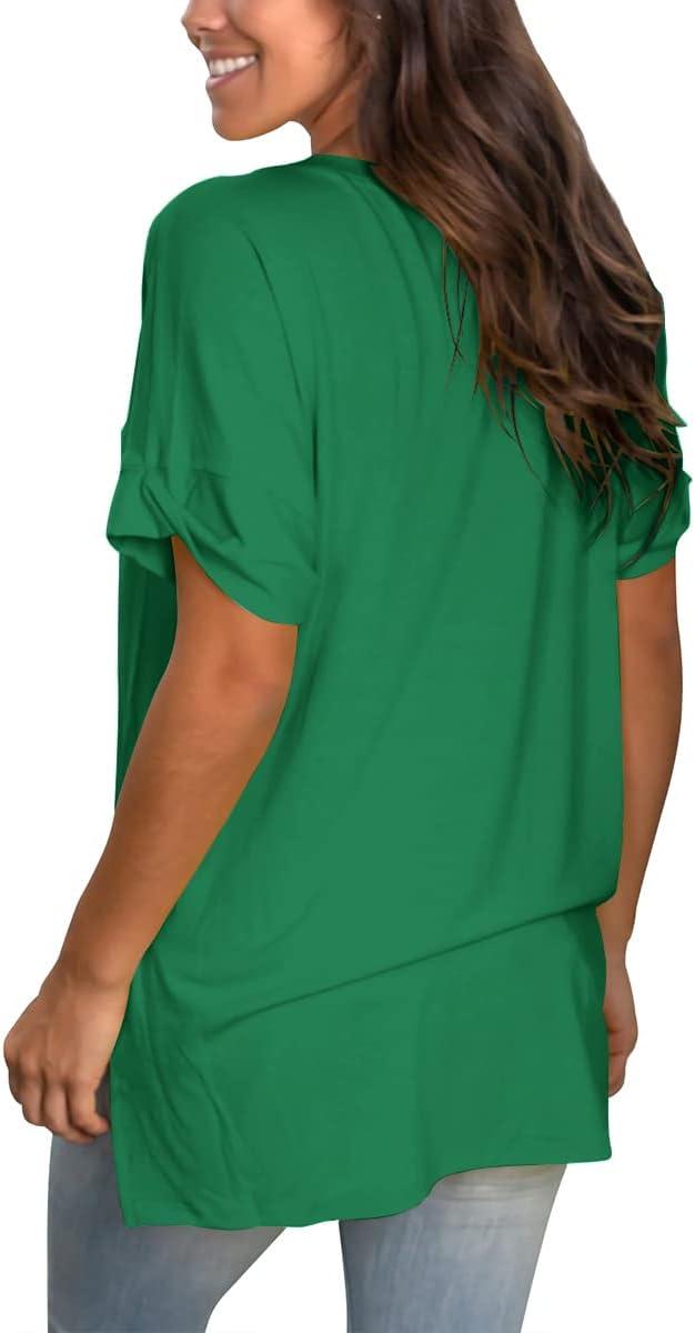 imageSAMPEEL Womens V Neck T Shirts Casual Rolled Short Sleeve Side Split Summer Tops Loose FitForest Green