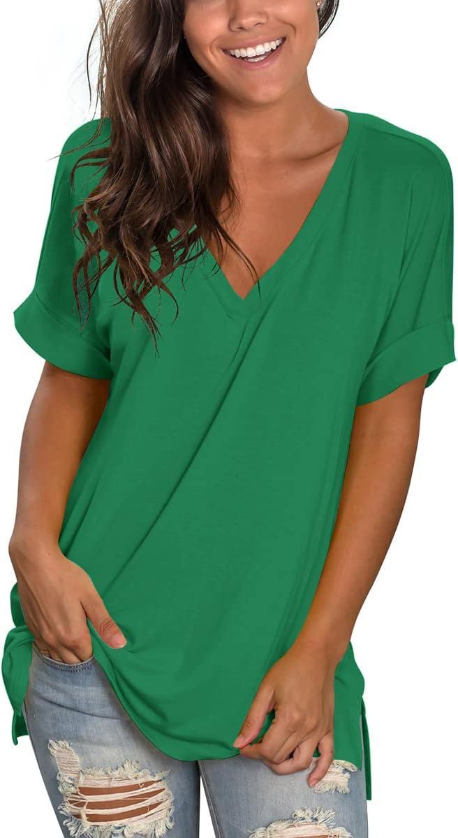 imageSAMPEEL Womens V Neck T Shirts Casual Rolled Short Sleeve Side Split Summer Tops Loose FitForest Green